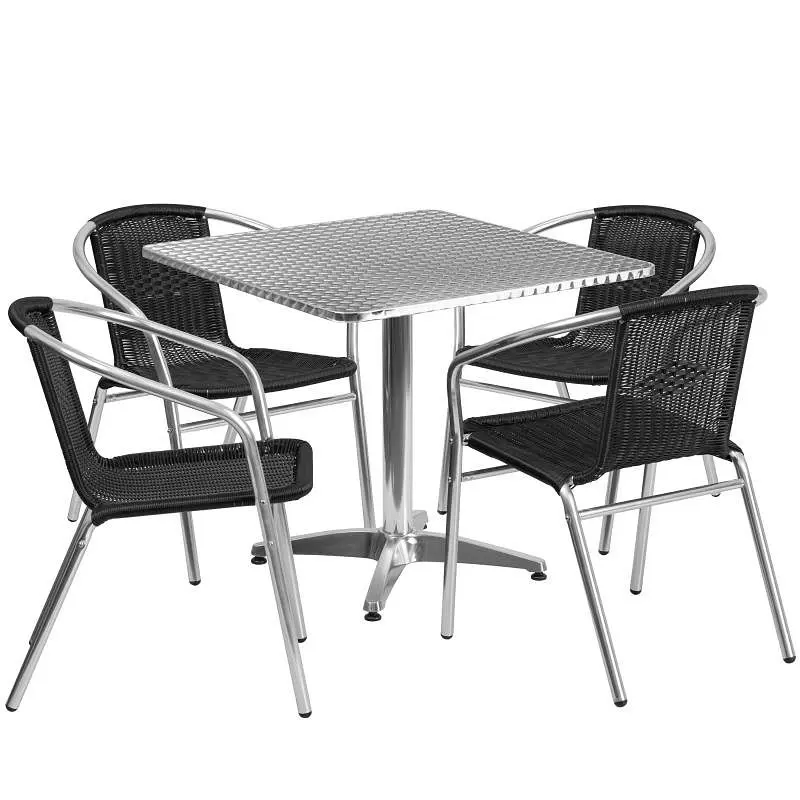 Flash Top-Tier Furniture Lila 31.5'' Square Aluminum Indoor-Outdoor Table Set 4 Black Rattan Chairs, TLH-ALUM-32...