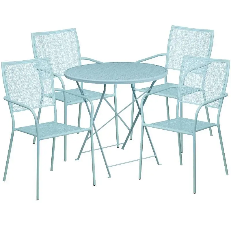 Flash Top-Tier Furniture Oia Commercial Grade 30" Round Sky Blue Indoor-Outdoor Mild Steel Folding Patio Table Set 4 ...