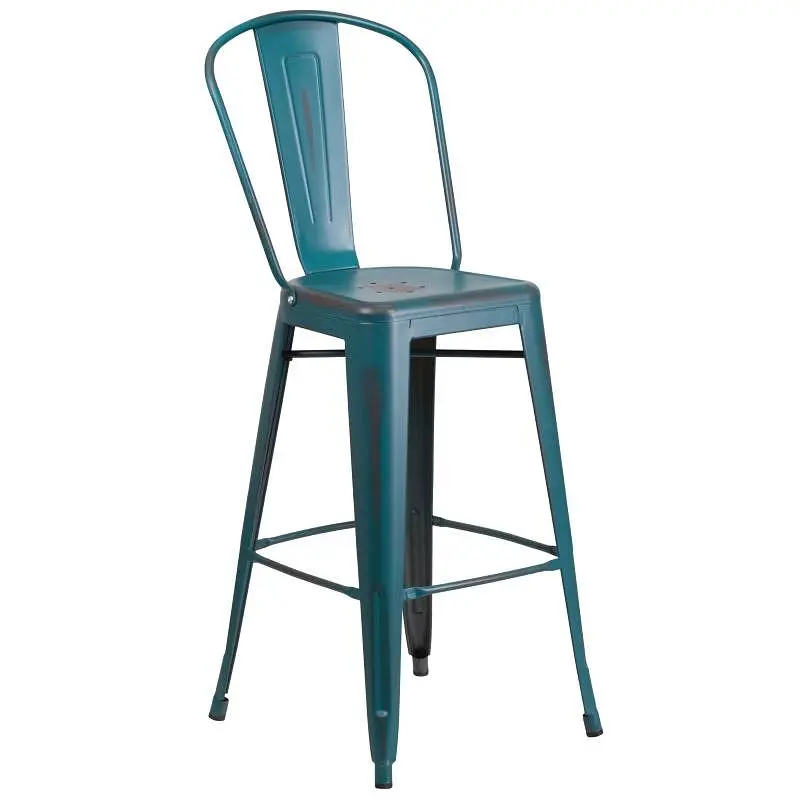 Flash Traditional Furniture Cindy Commercial Grade 30" High Distressed Kelly Blue-Teal Metal Indoor-Outdoor Barstool ...