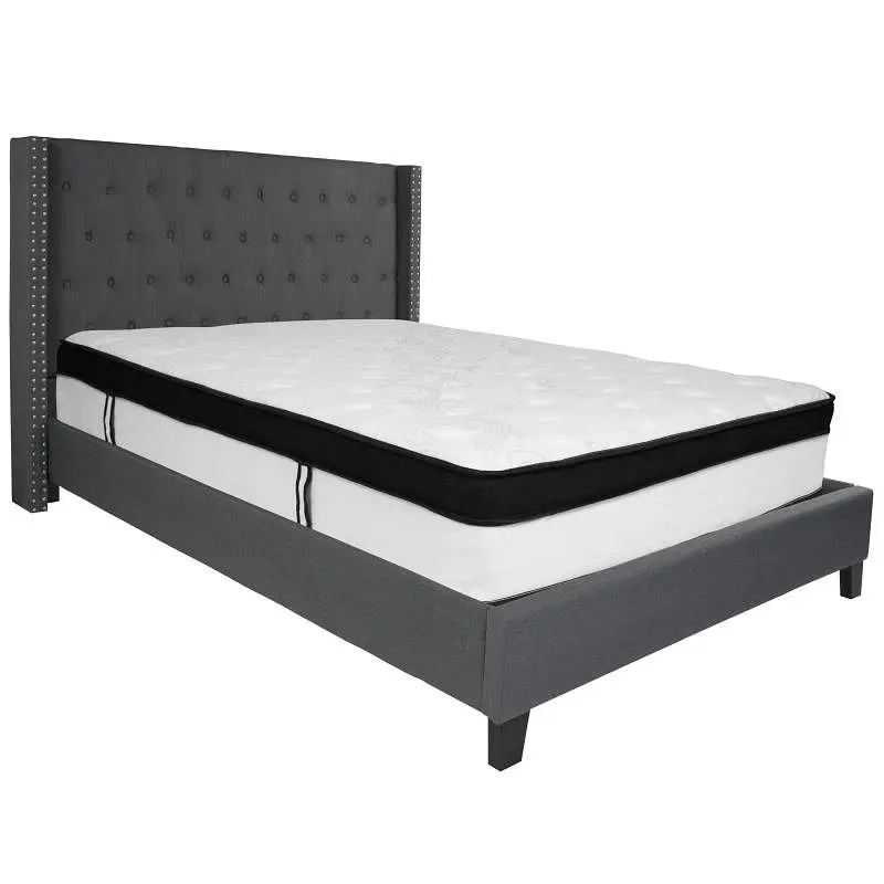Flash Trusted Furniture Riverdale Queen Size Tufted Upholstered Platform Bed Dark Gray Fabric Memory Foam Mattress, HG-BMF...
