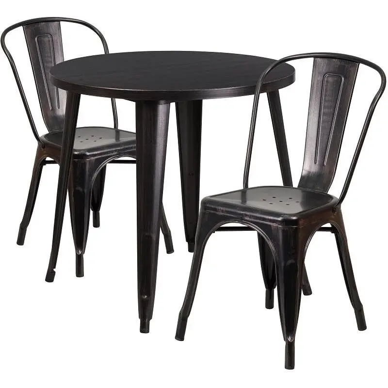 Flash UL-Listed Furniture Baker Commercial Grade 30" Round Black-Antique Gold Metal Indoor-Outdoor Table Set 2 Cafe C...