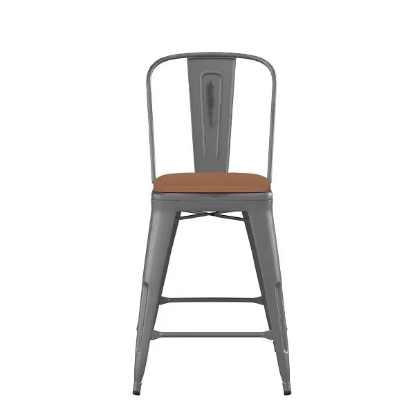 Flash UL-Listed Furniture Lincoln 24'' High Clear Coated Indoor Counter Height Stool Back and Teak Poly Resin Wo...