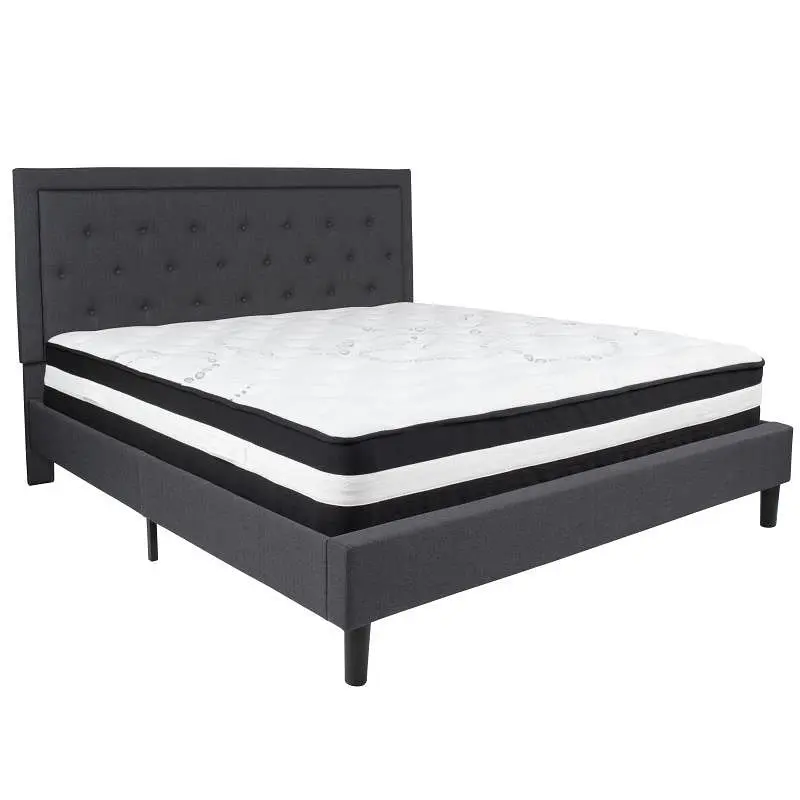 Flash UL-Listed Furniture Roxbury King Size Tufted Upholstered Platform Bed Dark Gray Fabric Pocket Spring Mattress, SL-BM...