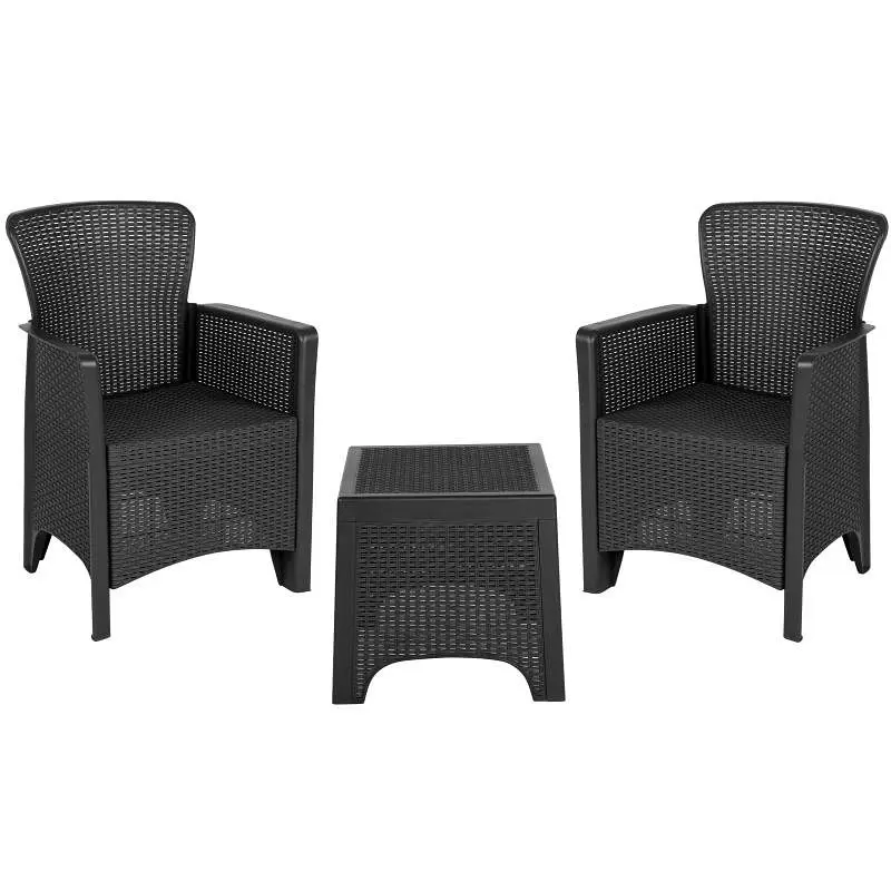 Flash Ultra-Strong Furniture Seneca Dark Gray Faux Rattan Plastic Chair Set Matching Side Table, DAD-SF3-2P-SET-GG Flash F...