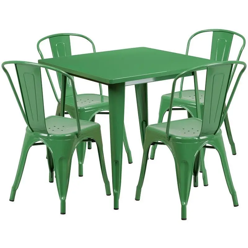 Flash Unique Furniture Cultivate Commercial Grade 31.5" Square Forest Green Metal Indoor-Outdoor Table Set 4 Stack Ch...