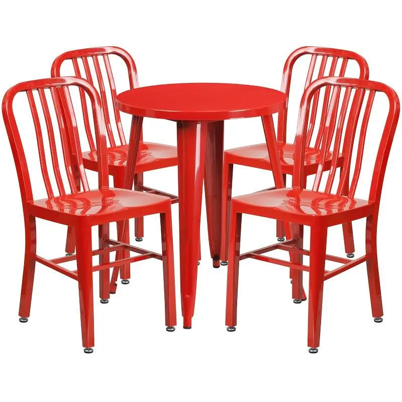 Flash Unique Furniture Thomas Commercial Grade 24" Round Fire Red Metal Indoor-Outdoor Table Set 4 Vertical Slat Back...