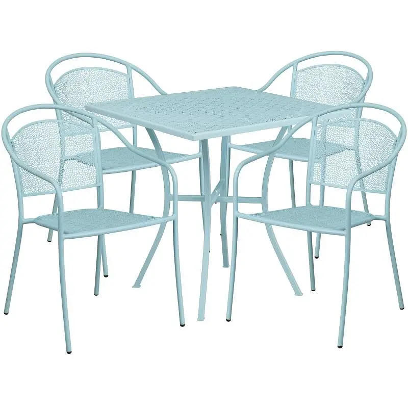 Flash Universal Furniture Oia Commercial Grade 28" Square Sky Blue Indoor-Outdoor Steel Patio Table Set 4 Round Back ...