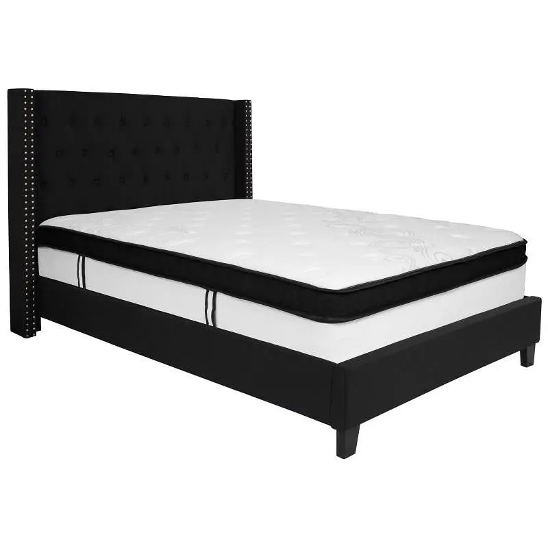 Flash Universal Furniture Riverdale Full Size Tufted Upholstered Platform Bed Black Fabric Memory Foam Mattress, HG-BMF-38...