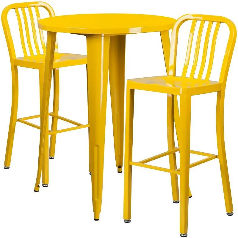 Flash Updated Furniture Brad Commercial Grade 30" Round Bright Yellow Metal Indoor-Outdoor Bar Table Set 2 Vertical S...