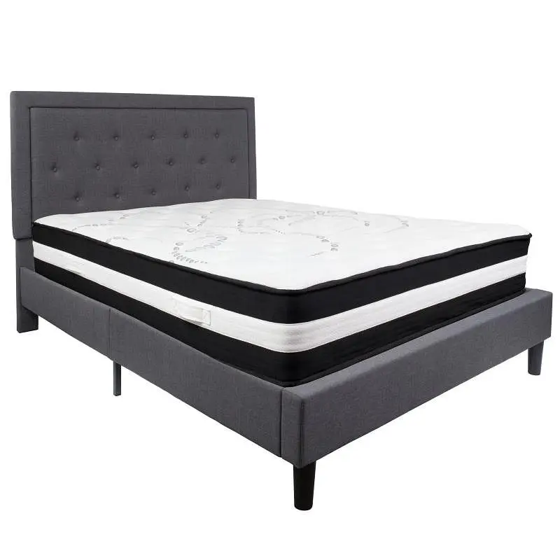 Flash Updated Furniture Roxbury Queen Size Tufted Upholstered Platform Bed Dark Gray Fabric Pocket Spring Mattress, SL-BM-...