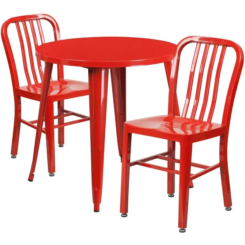 Flash User-Friendly Furniture Craig Commercial Grade 30" Round Crimson Metal Indoor-Outdoor Table Set 2 Vertical Slat...