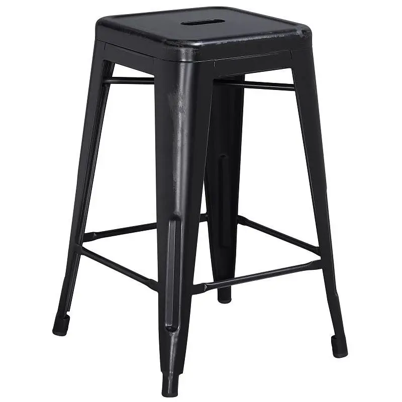 Flash User-Friendly Furniture Kai Commercial Grade 24" High Backless Distressed Black Metal Indoor-Outdoor Counter He...