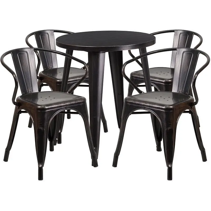Flash UV-Resistant Furniture Chauncey Commercial Grade 24" Round Black-Antique Gold Metal Indoor-Outdoor Table Set 4 ...