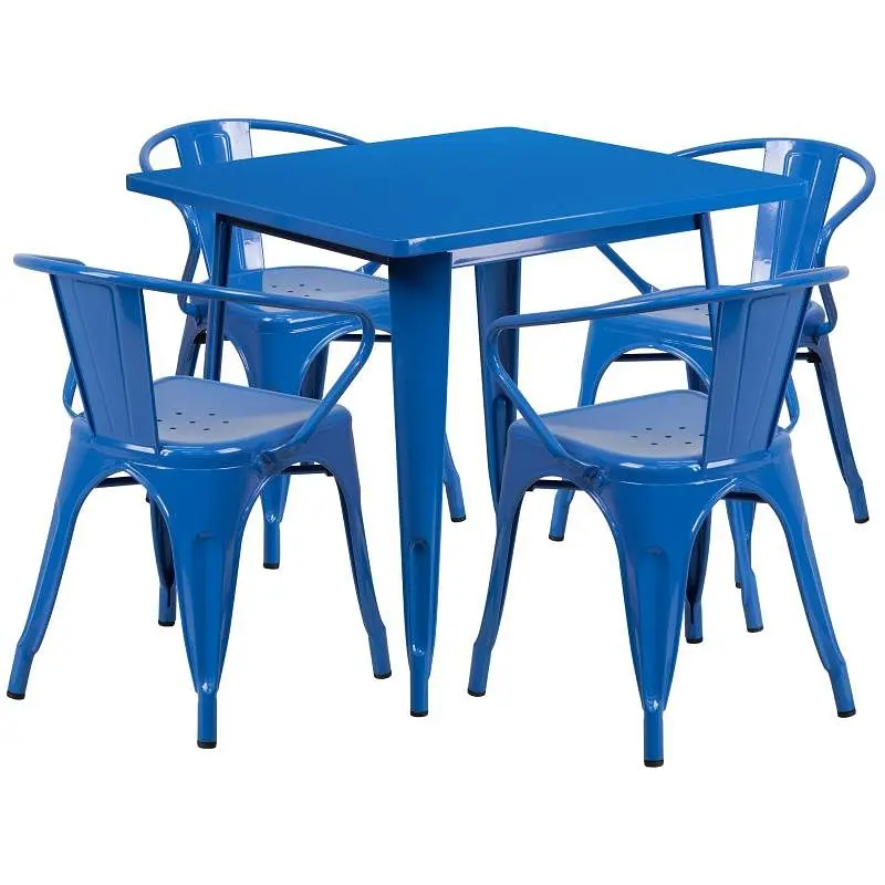 Flash Visible Furniture Grady Commercial Grade 31.5" Square Blue Metal Indoor-Outdoor Table Set 4 Arm Chairs, ET-CT00...