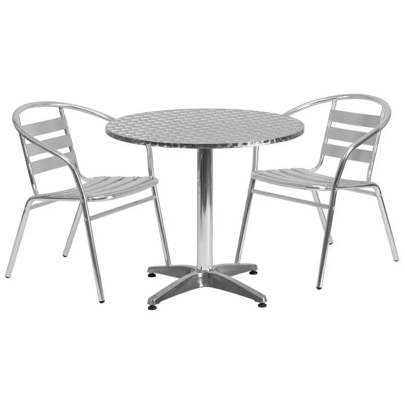 Flash Visible Furniture Lila 31.5'' Round Aircraft Aluminum Indoor-Outdoor Table Set 2 Slat Back Chairs, TLH-ALU...