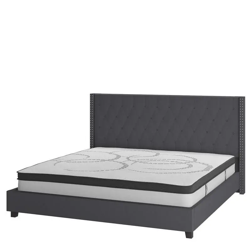 Flash Visible Furniture Riverdale King Size Tufted Upholstered Platform Bed Dark Gray 10" CertiPUR-US Certified Pocke...