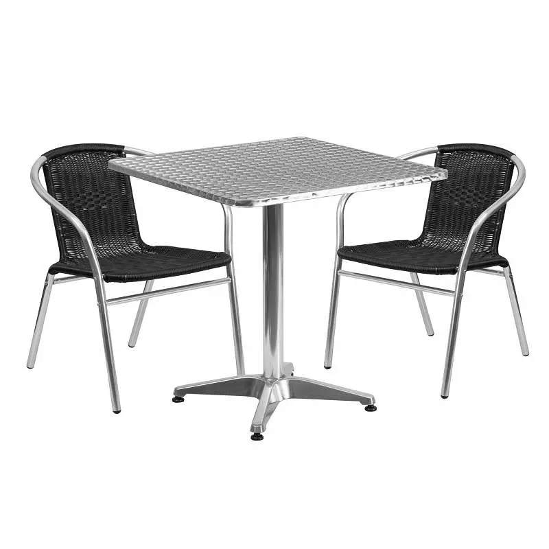 Flash Waterproof Furniture Lila 27.5'' Square Aluminum Indoor-Outdoor Table Set 2 Black Rattan Chairs, TLH-ALUM-...