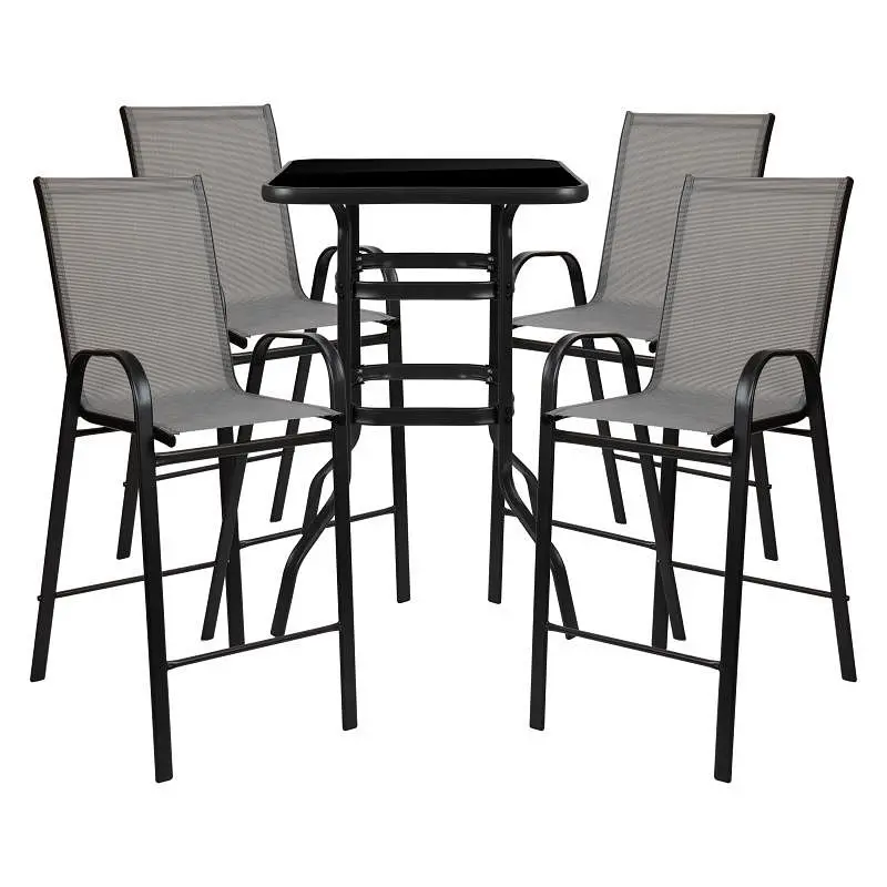 Flash Water-Resistant Furniture Brazos Outdoor Dining Set - 4-Person Bistro Set - Brazos Outdoor Glass Bar Table Gray All-...