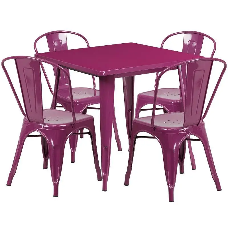 Flash Water-Resistant Furniture Cultivate Commercial Grade 31.5" Square Purple Metal Indoor-Outdoor Table Set 4 Stack...