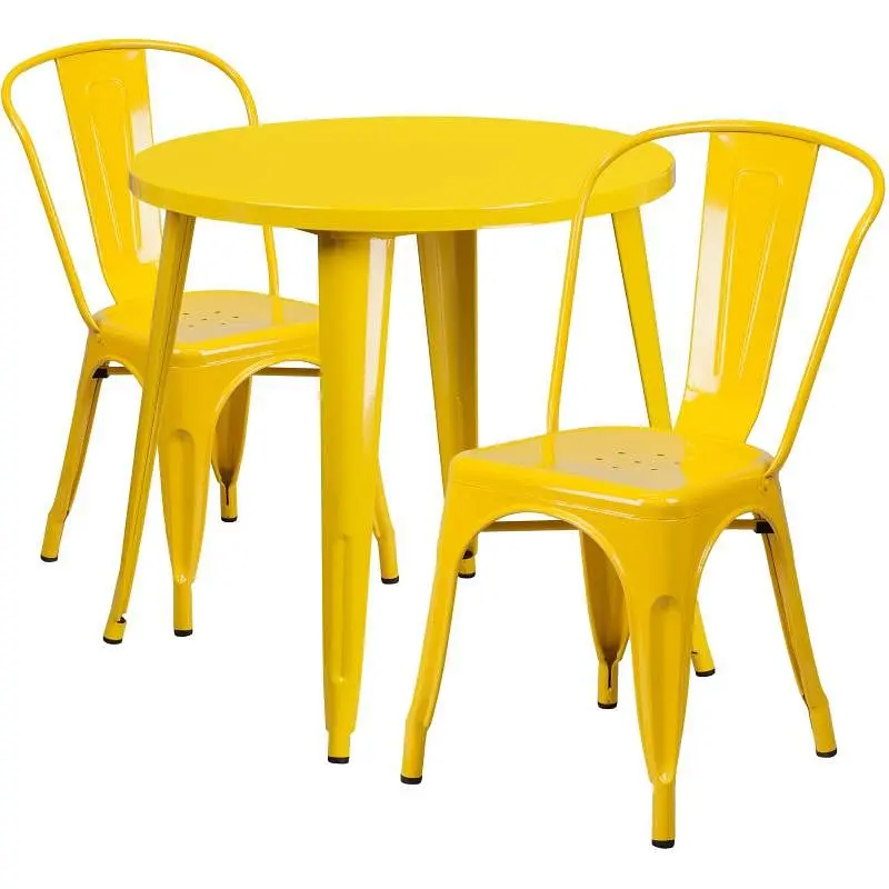 Flash Weatherproof Furniture Baker Commercial Grade 30" Round Lemon Metal Indoor-Outdoor Table Set 2 Cafe Chairs, CH-...