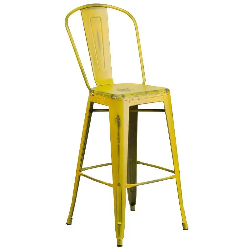 Flash Weatherproof Furniture Cindy Commercial Grade 30" High Distressed Yellow Metal Indoor-Outdoor Barstool Back, ET...