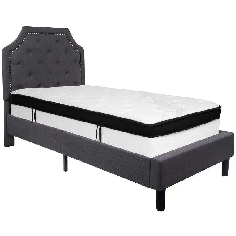Flash Weather-Resistant Furniture Brighton Twin Size Tufted Upholstered Platform Bed Dark Gray Fabric Memory Foam Mattress...