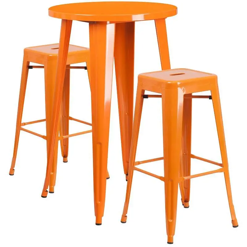 Flash Weather-Resistant Furniture Douglas Commercial Grade 24" Round Orange Metal Indoor-Outdoor Bar Table Set 2 Squa...