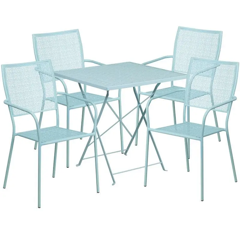 Flash Weather-Resistant Furniture Oia Commercial Grade 28" Square Sky Blue Indoor-Outdoor Steel Folding Patio Table S...