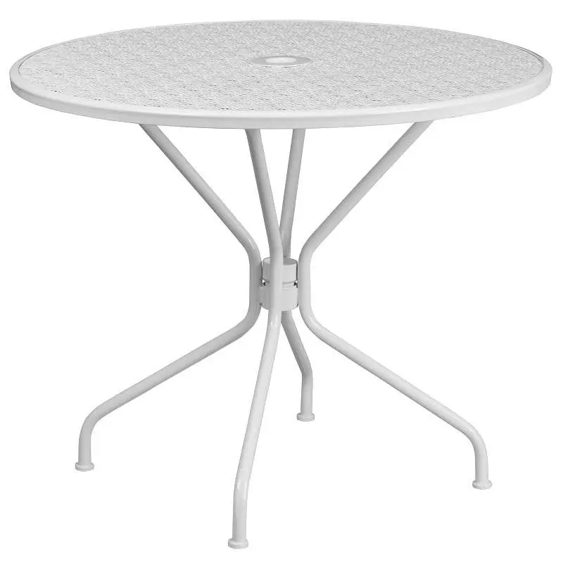 Flash Wide Furniture Oia Commercial Grade 35.25" Round White Indoor-Outdoor Metal Steel Patio Table Umbrella Hole, CO...
