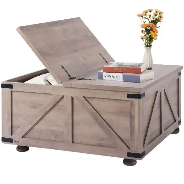 VEVOR 36" Farmhoutilize Coffee Table Hinged Square Table Storage Beige, ZFXBSKFZ36YCS2T6LV0