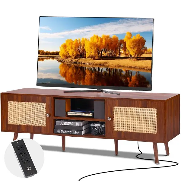 VEVOR Big Rattan TV Stand, Mid Century Modern TV Stand 65 inch TV, Boho Rattan TV Cabinet Build- Socket & USB Ports, W...