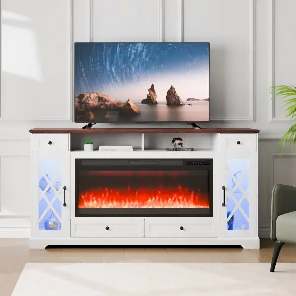 VEVOR Bright Fireplace TV Stand TVs 70", Media Storage Corner 42" Fireplace, Pure White, BLDSJ70CDSJ4OVAP3V1
