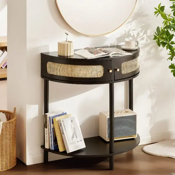 VEVOR Certified-Safe Half-moon Rattan Console Table 2 Storage Drawers 31.88x15.74x32.28inch Rattan Sliding Door Matte Blac...