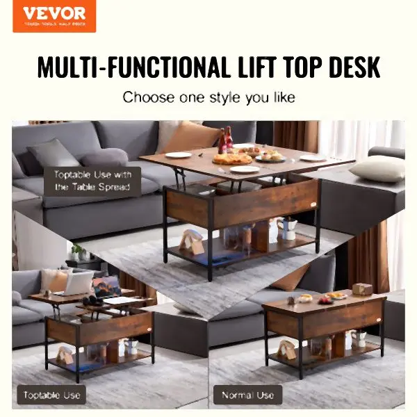 VEVOR Coffee Table, Lift Top Coffee Table Fabric Storage Bag, Small Coffee Table Charging Station & USB & LED Ligh...