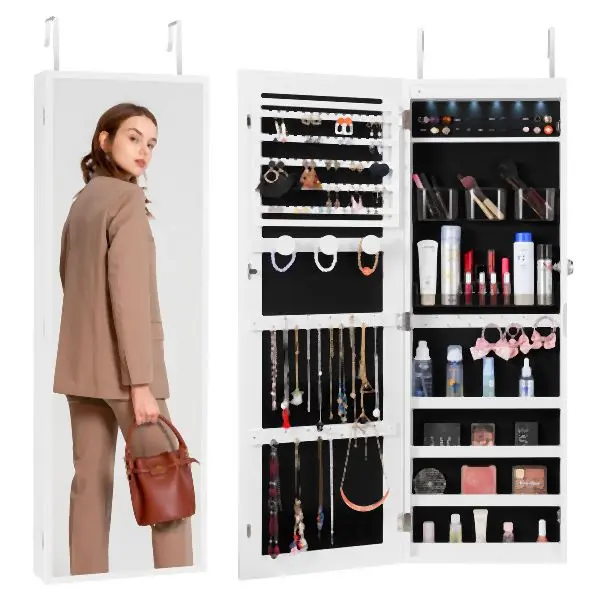 VEVOR Diamond-Pattern Mirror Jewelry Cabinet 42.52in Lockable Wall or Door Mounted Armoire Ivory, BGSZBSNJ1454973MUV9