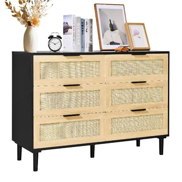VEVOR 6 Drawer Rattan Dresser, Boho Dresser, Rattan Chest Drawers Spacious Storage, Onyx, TBCTJ6CHSBDDZMQKWV0