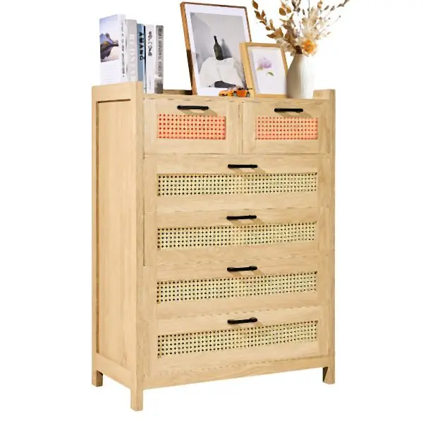 VEVOR 5 Drawer Rattan Dresser, Boho Dresser, Rattan Chest Drawers Spacious Storage, Natural Rattan Dresser Bedroom, TBCTJ5...
