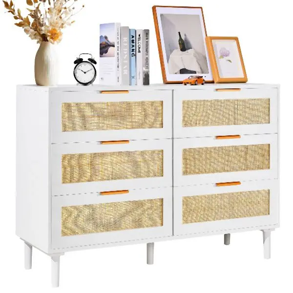VEVOR 6 Drawer Rattan Dresser, Boho Dresser, Rattan Chest Drawers Spacious Storage, White, TBCTJ6CBSBDDSP3YIV0