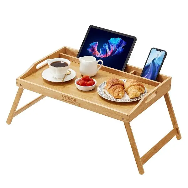 VEVOR Easy-Install Bed Tray Table Foldable Legs & Media Slot, Bamboo Breakfast Tray, 21.6" x 13.8", ZCTP1JT2...