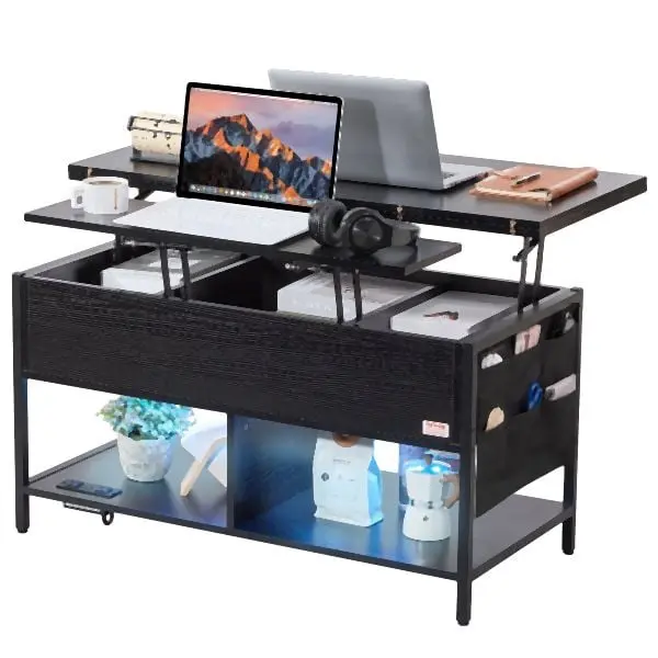 VEVOR Extra-Large Lift Up Coffee Table, 39.4 Rectangle Coffee Table Storage Drawers & USB & LED Light, Midnight Bl...