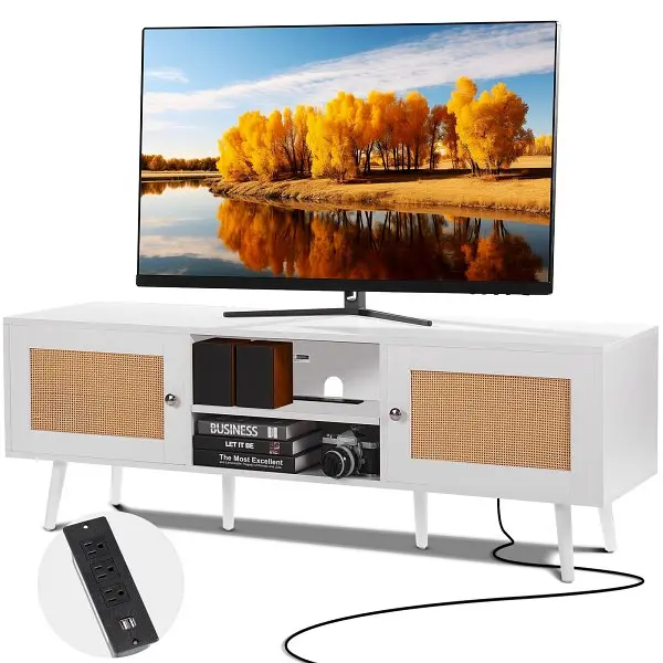 VEVOR Fast-Acting Rattan TV Stand 65 inch TV, Boho TV Stand Rattan Door, Entertainment Center Build- Socket & USB Port...