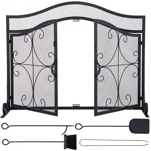 VEVOR Fireplace Screen, 39 x 26.6 Inch, Double Door Malleable Iron Freestanding Spark Guard, BLPFHSFSS39INELA7V0
