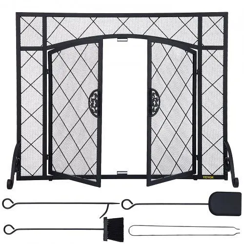 VEVOR Fireplace Screen, 44 x 33 Inch, Double Door Iron Freestanding Spark Guard, BLPFHSWGS44INZPL7V0