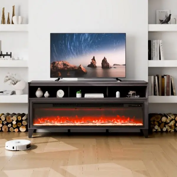 VEVOR Fireplace TV Stand TVs 66", Media Storage Corner 60" Fireplace, Black, BLDSJ66CDSJ6O865RV1