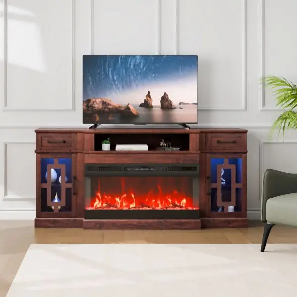VEVOR Fireplace TV Stand TVs 70", Media Storage Corner 36" Fireplace, Walnut, BLDSJ70CDSJ38EECWV1