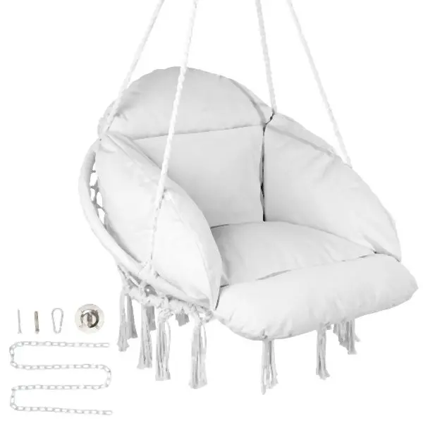 VEVOR Hammock Swinging Chair Macramé Hanging Chair White Cushion, White Rope, XGSDYSYQYXKZDYXP2V0