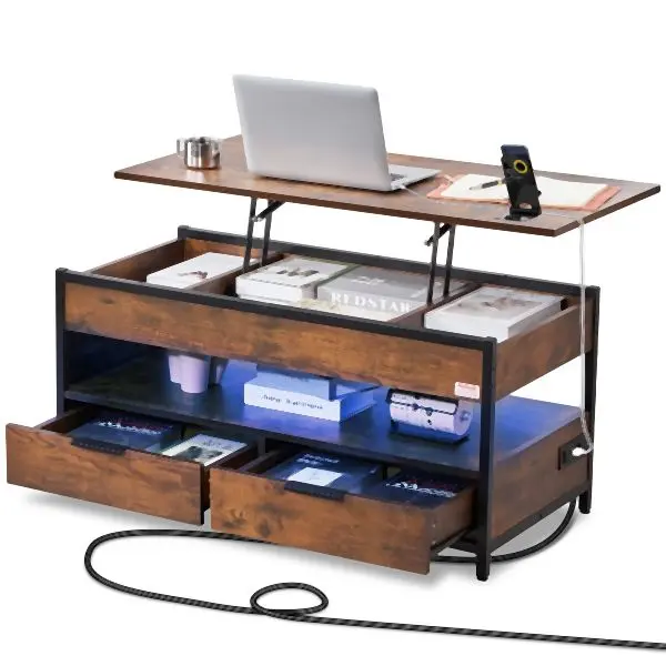 VEVOR Lift Up Coffee Table, 39.4 Rectangle Coffee Table Storage Drawers & USB & LED Light, Brown, KFZZFX394INC9EUJEV1