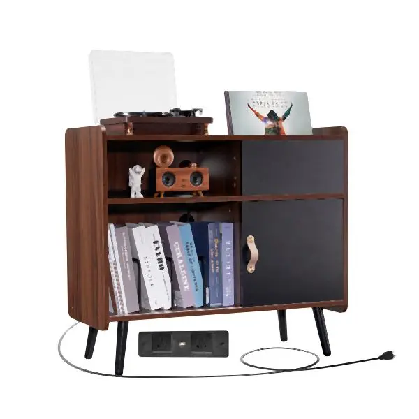 VEVOR Medium Record Player Stand 3-Tier Wooden Turntable Stand Sliding Door Power Strip, DCJJMZSC300ZOFZE8V1
