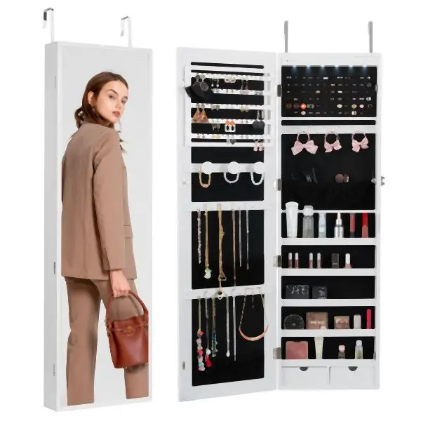 VEVOR Mirror Jewelry Cabinet 47.05in Lockable Wall or Door Mounted Armoire Bright White, BGSZBSNJ1454YENXFV9