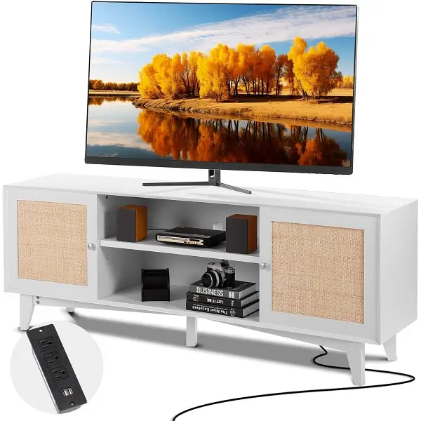 VEVOR Rattan TV Stand 75" TV Rattan Door, Entertainment Center Build- Socket, Storage Cabinet 2 Shelves, Snow White, ...